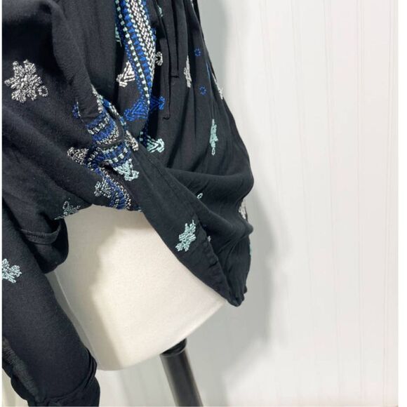 Free People Stargazer Mini Dress Embroidered V-Neck Tie Waist Black Blue Small - Picture 10 of 12